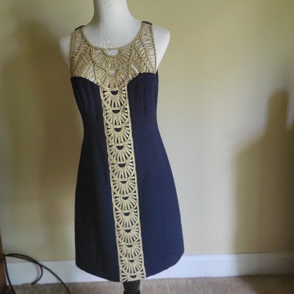 Lily Pulitzer Navy Blue with soft color Gold Bodice womens size 4 EXCELLENT cond - Picture 1 of 7